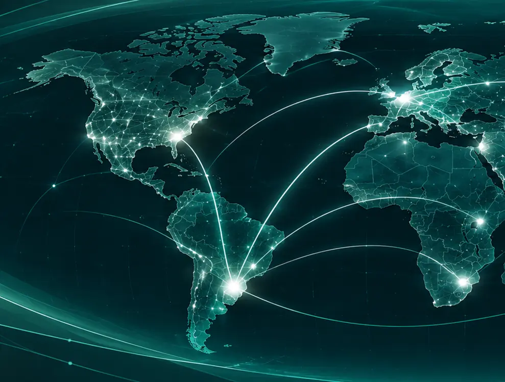 Mapa mundial con conexiones globales que representan los servicios de Arista Nexo de conexiones internacionales.